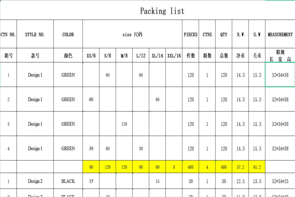 Garments packing list details form with design name, size,weight,quantities etc.