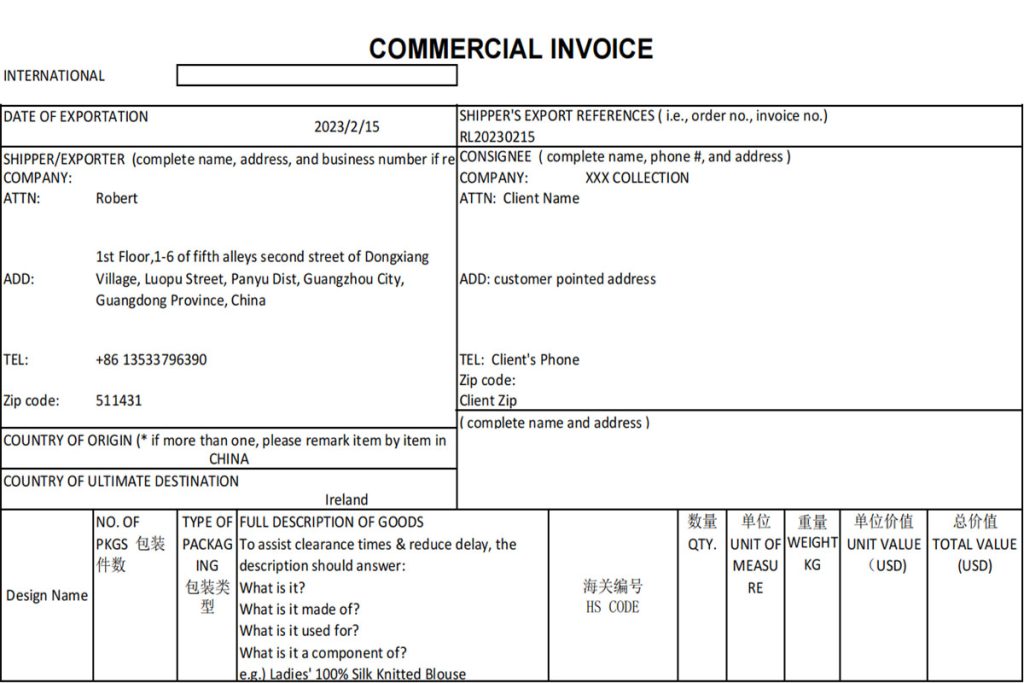 Garments commerical invoice details form with design name, size,weight,quantities etc.