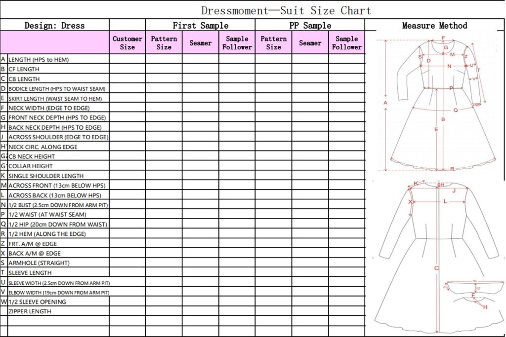 Detail Garments Size Chart for Dress