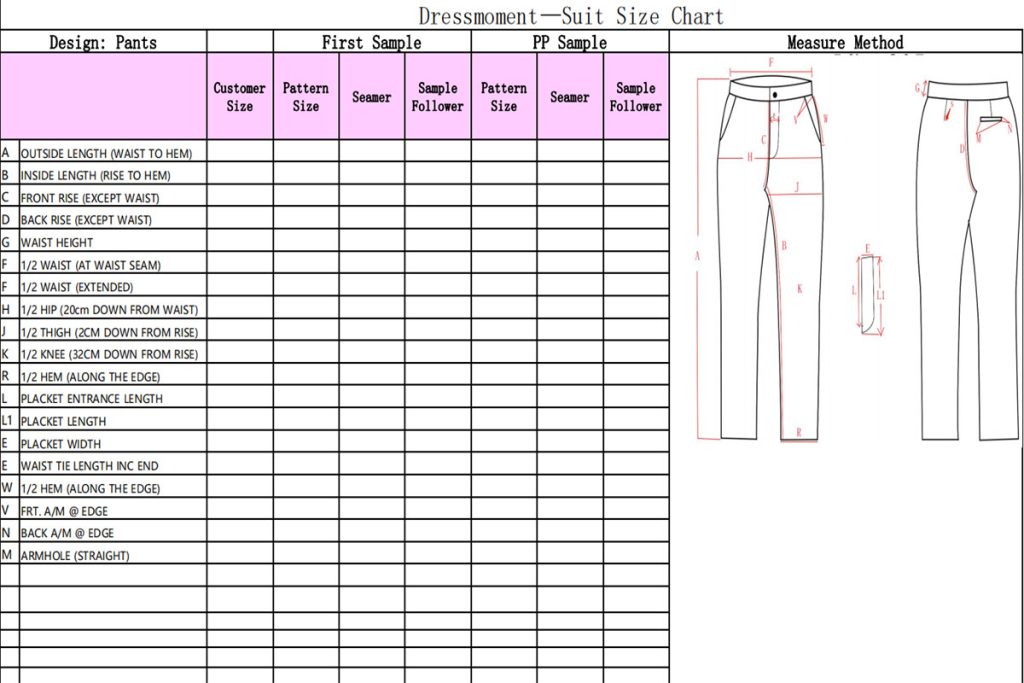 Detail Garments Size Chart of Pants