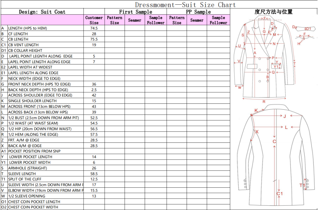Detail Garments Size Chart for Suit Coat