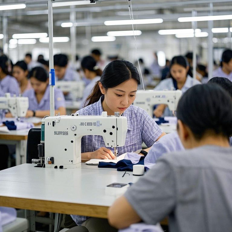 Many female workers are seaming the garment by stitching machine in the garment facture