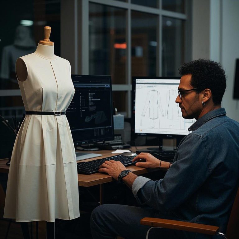 A male pattern maker is looking at a dress and working the pattern on the computer.