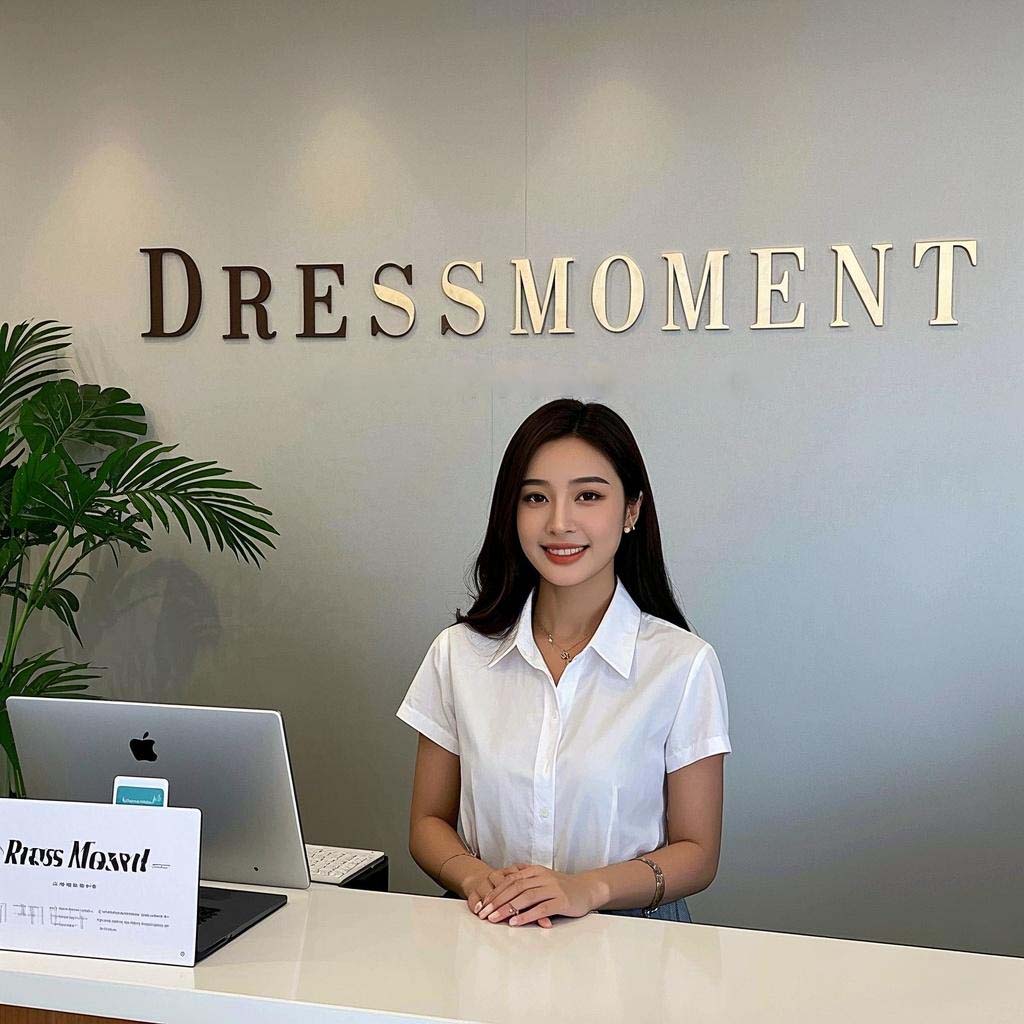 a young woman is sitting in the company reception area with the Dressmoment logo on the wall.