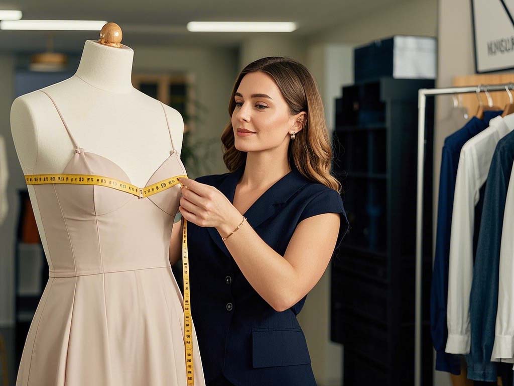 A young woman is measuring a dress bust size in the sample room.