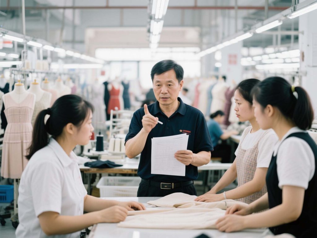 Production supervisor leading a training session for workers on quality standards in a modern garment factory.
